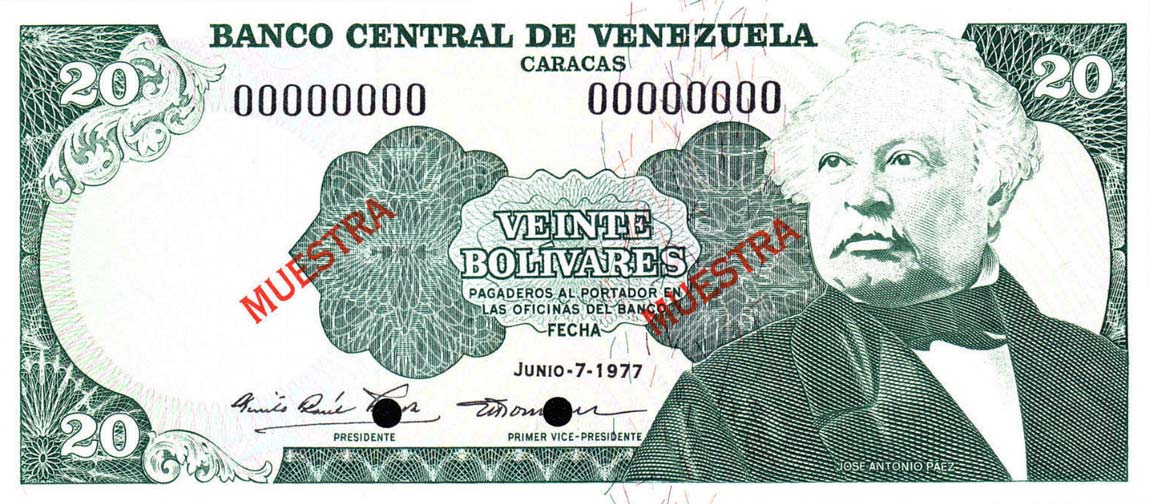 Front of Venezuela p53s2: 20 Bolivares from 1977