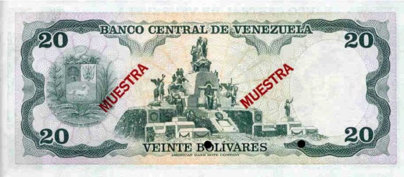 Back of Venezuela p53s3: 20 Bolivares from 1979