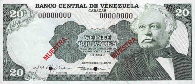Front of Venezuela p53s3: 20 Bolivares from 1979
