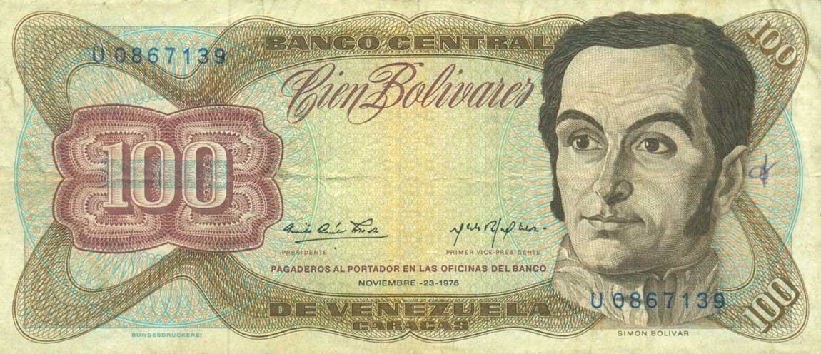 Front of Venezuela p55d: 100 Bolivares from 1976