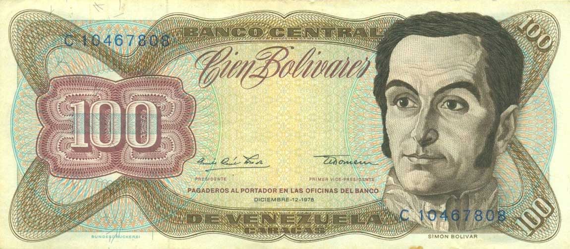 Front of Venezuela p55e: 100 Bolivares from 1978
