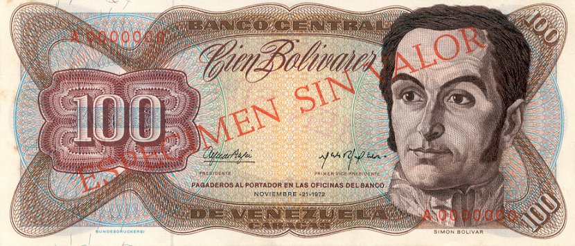 Front of Venezuela p55s1: 100 Bolivares from 1972