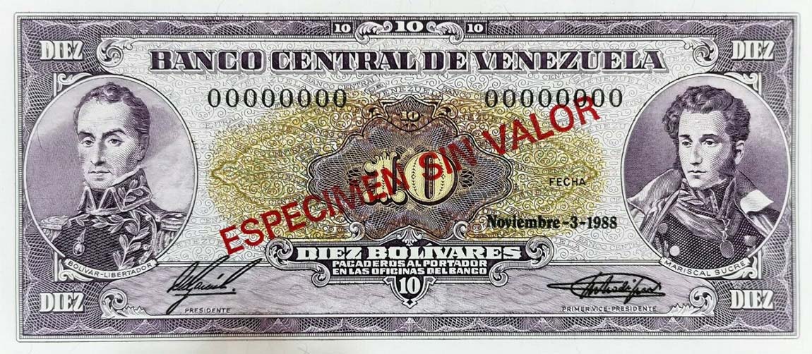 Front of Venezuela p62s: 10 Bolivares from 1988