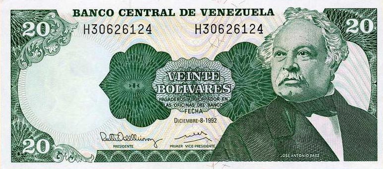 Front of Venezuela p63d: 20 Bolivares from 1992