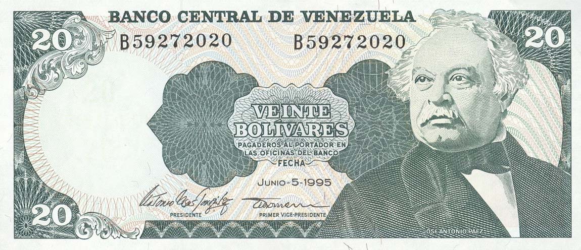 Front of Venezuela p63e: 20 Bolivares from 1995