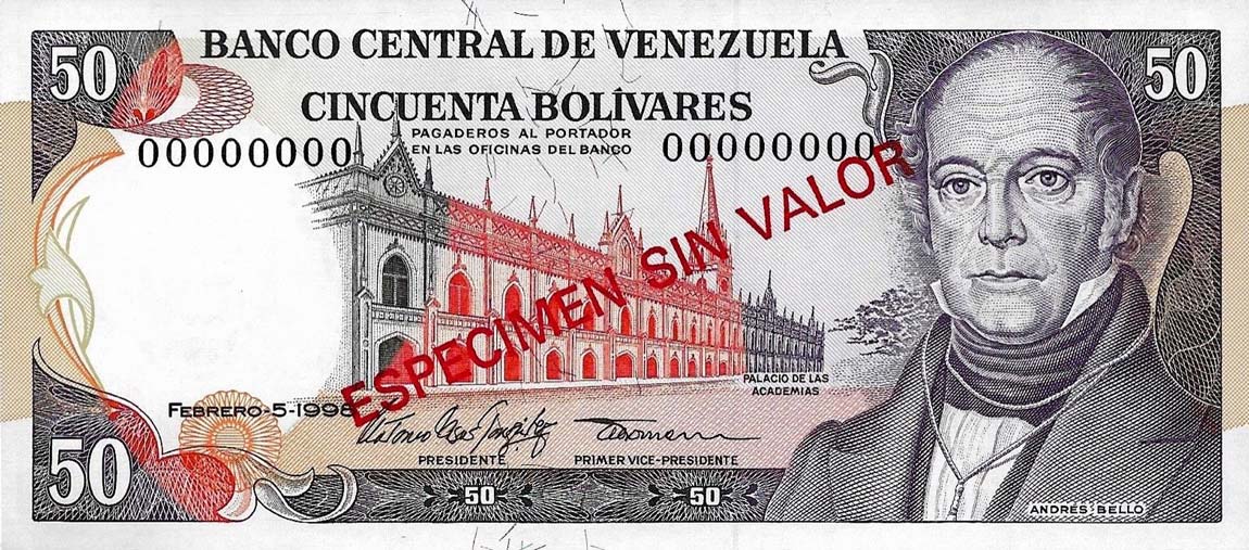 Front of Venezuela p65s: 50 Bolivares from 1985