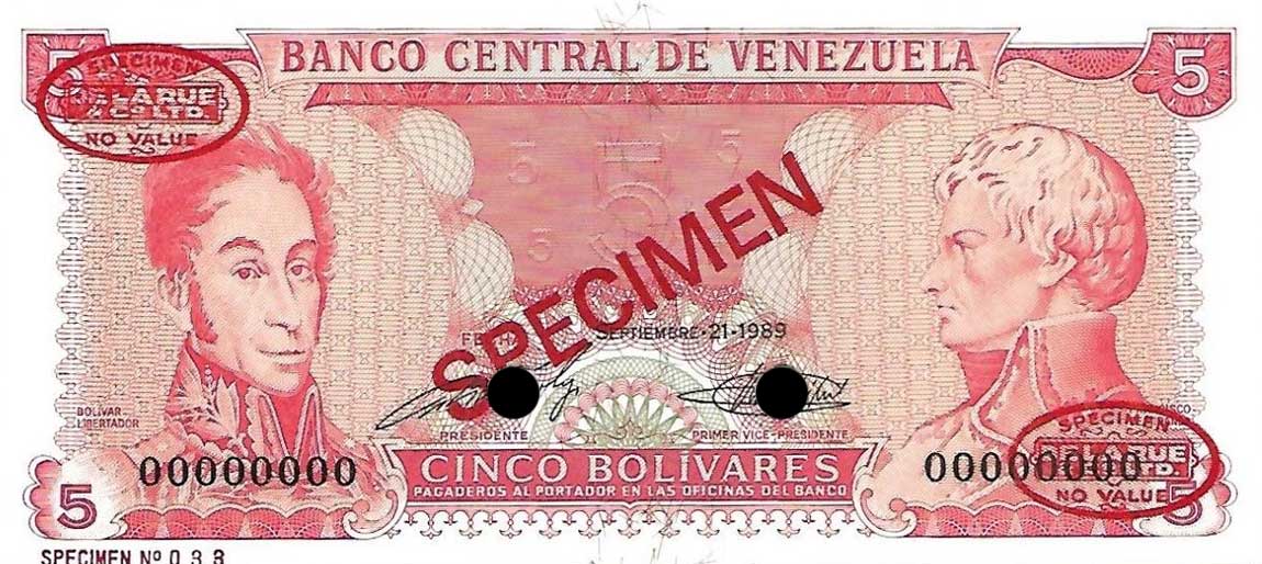 Front of Venezuela p70s: 5 Bolivares from 1989