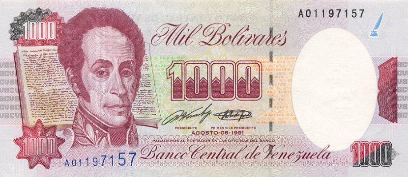 Front of Venezuela p73a: 1000 Bolivares from 1991