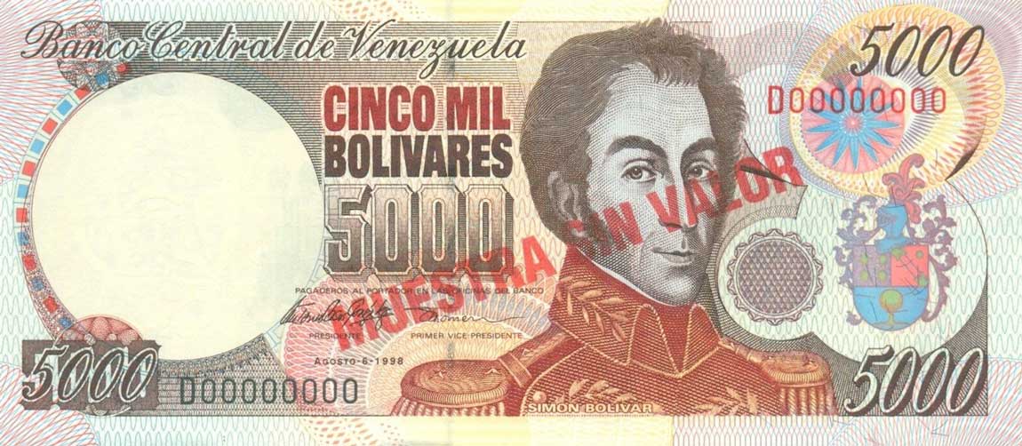 Front of Venezuela p78s: 5000 Bolivares from 1997