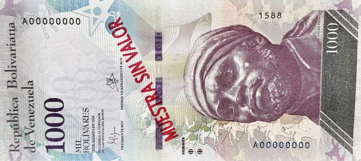 Front of Venezuela p95s: 1000 Bolivares from 2016