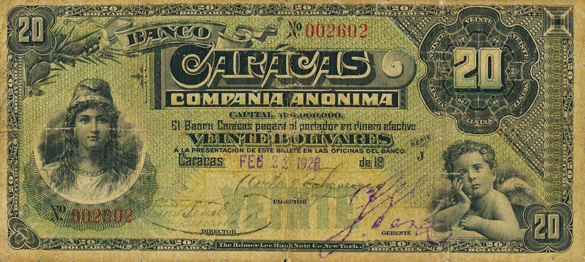 Front of Venezuela pS158a: 20 Bolivares from 1928