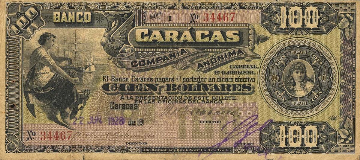 Front of Venezuela pS159a: 100 Bolivares from 1926