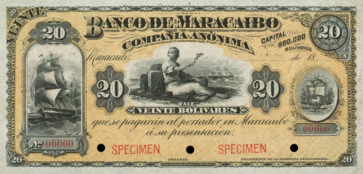 Front of Venezuela pS200: 20 Bolivares from 1889