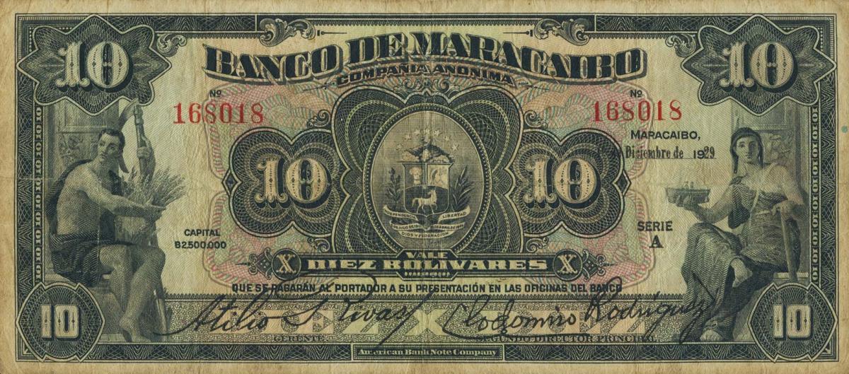 Front of Venezuela pS226a: 10 Bolivares from 1925