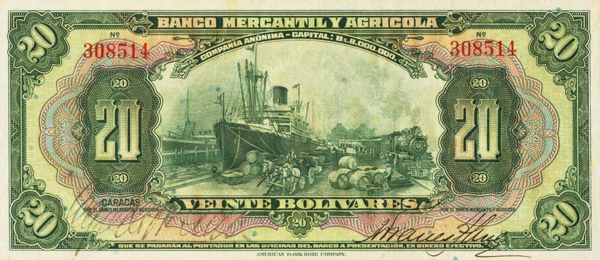 Front of Venezuela pS232r1: 20 Bolivares from 1927