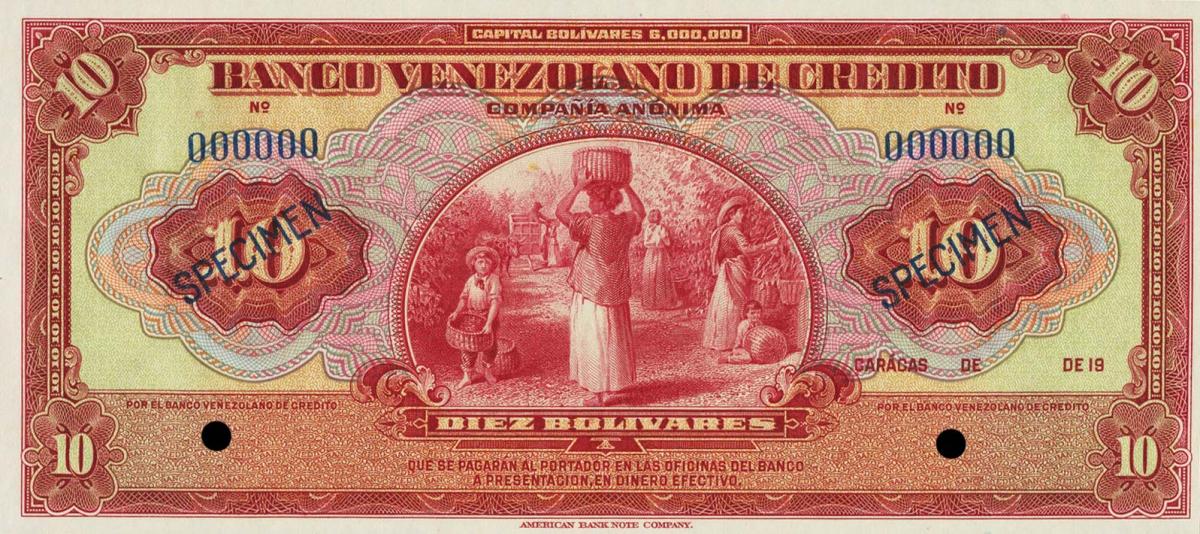 Front of Venezuela pS241s: 10 Bolivares from 1926