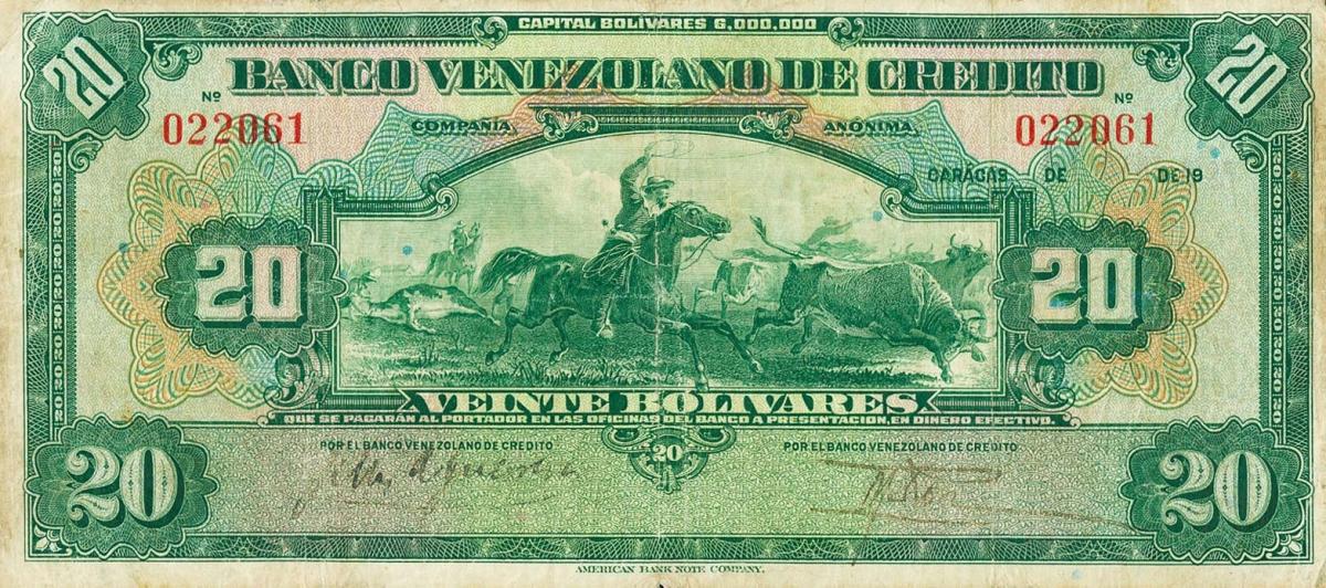 Front of Venezuela pS242a: 20 Bolivares from 1925