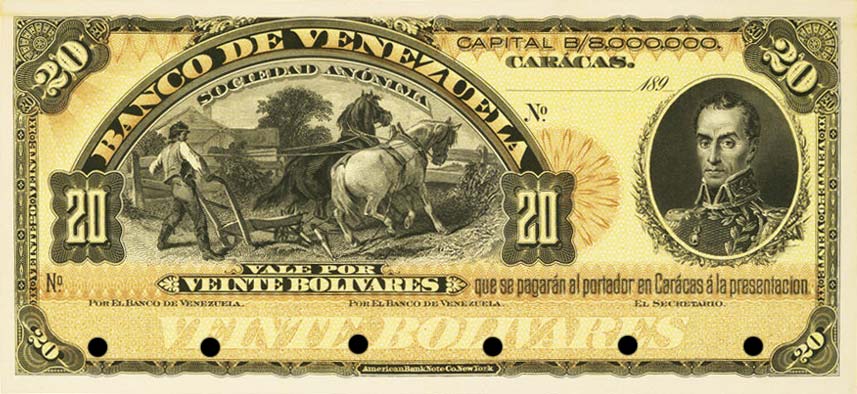 Front of Venezuela pS261p: 20 Bolivares from 1890