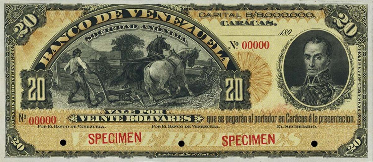 Front of Venezuela pS261s: 20 Bolivares from 1890