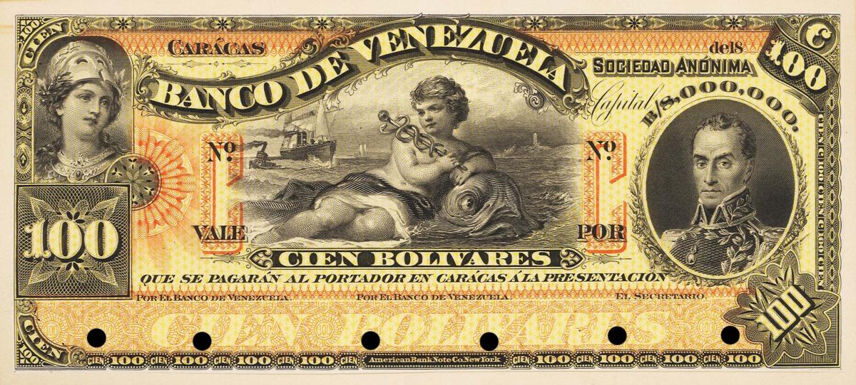 Front of Venezuela pS263p: 100 Bolivares from 1890