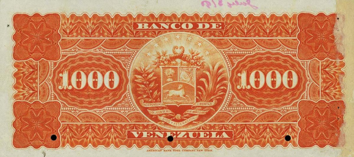 Back of Venezuela pS265s: 1000 Bolivares from 1890