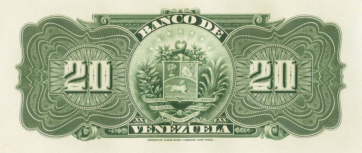 Back of Venezuela pS286p: 20 Bolivares from 1910