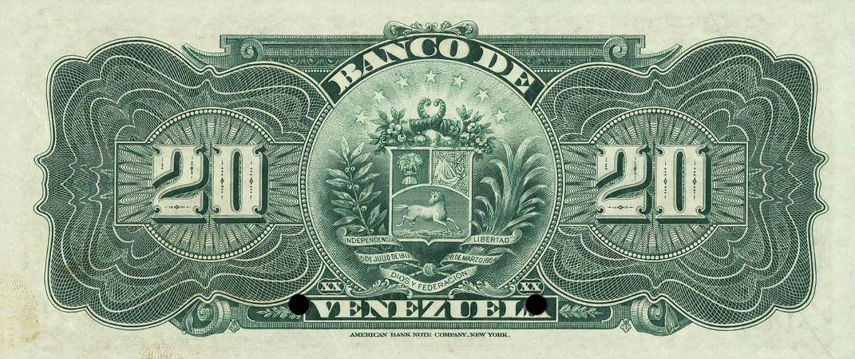 Back of Venezuela pS286s: 20 Bolivares from 1910