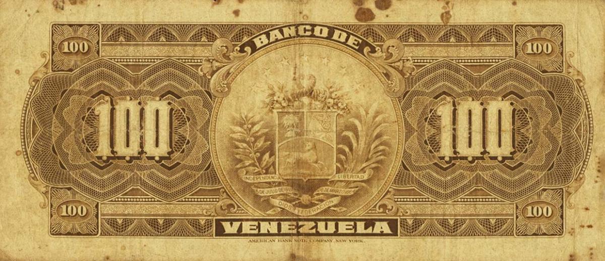 Back of Venezuela pS297a: 100 Bolivares from 1921