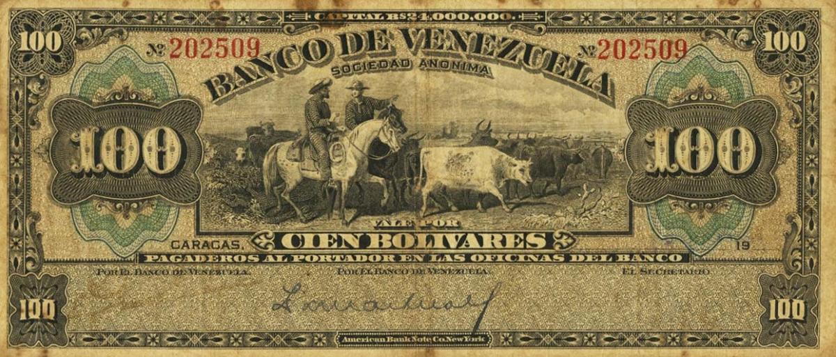 Front of Venezuela pS297a: 100 Bolivares from 1921