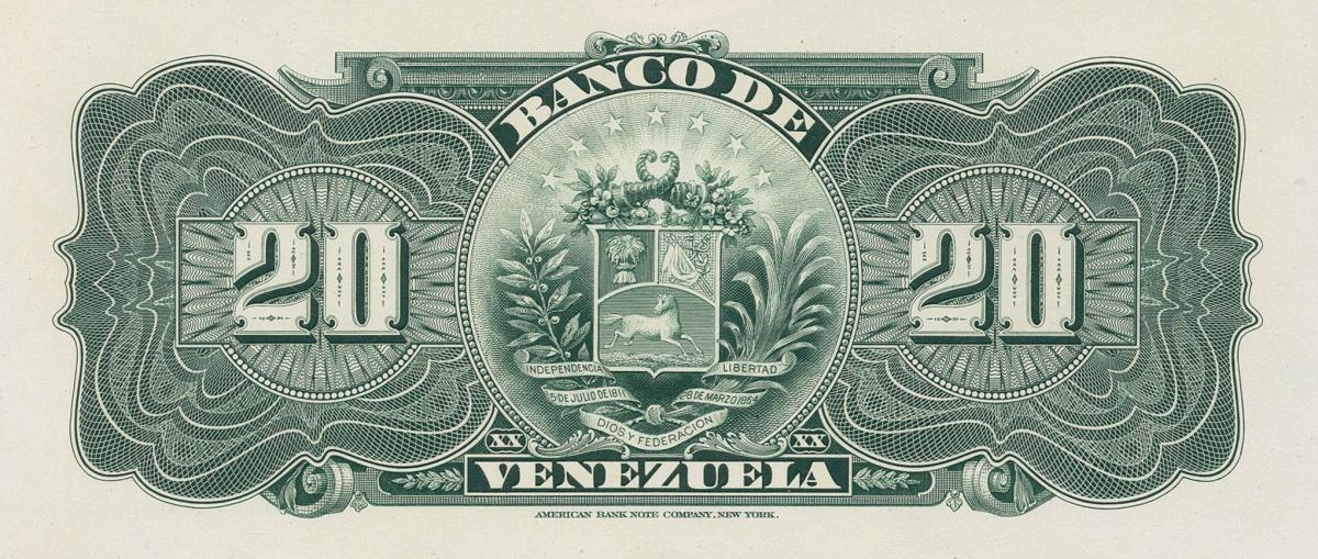 Back of Venezuela pS301p: 20 Bolivares from 1925