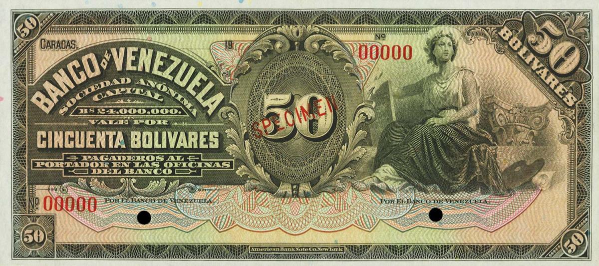 Front of Venezuela pS302s: 50 Bolivares from 1924