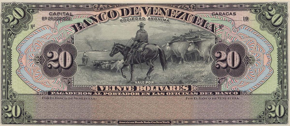 Front of Venezuela pS311p: 20 Bolivares from 1930