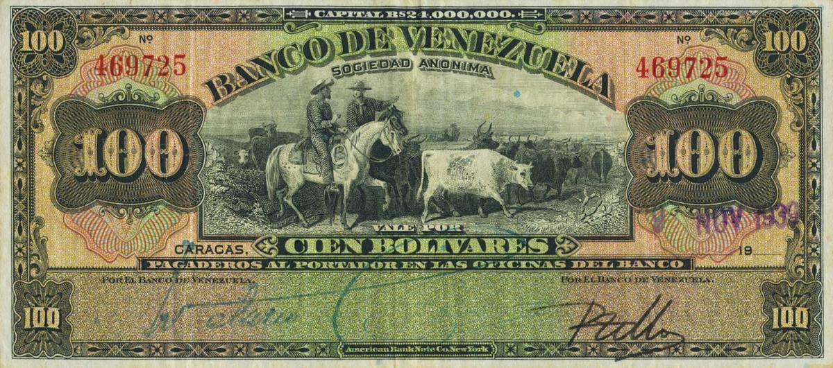 Front of Venezuela pS313a: 100 Bolivares from 1931