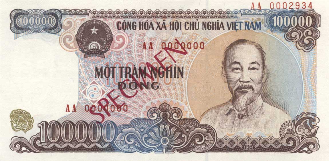 Front of Vietnam p117s: 100000 Dong from 1994