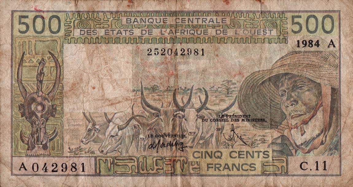 Front of West African States p106Ag: 500 Francs from 1984