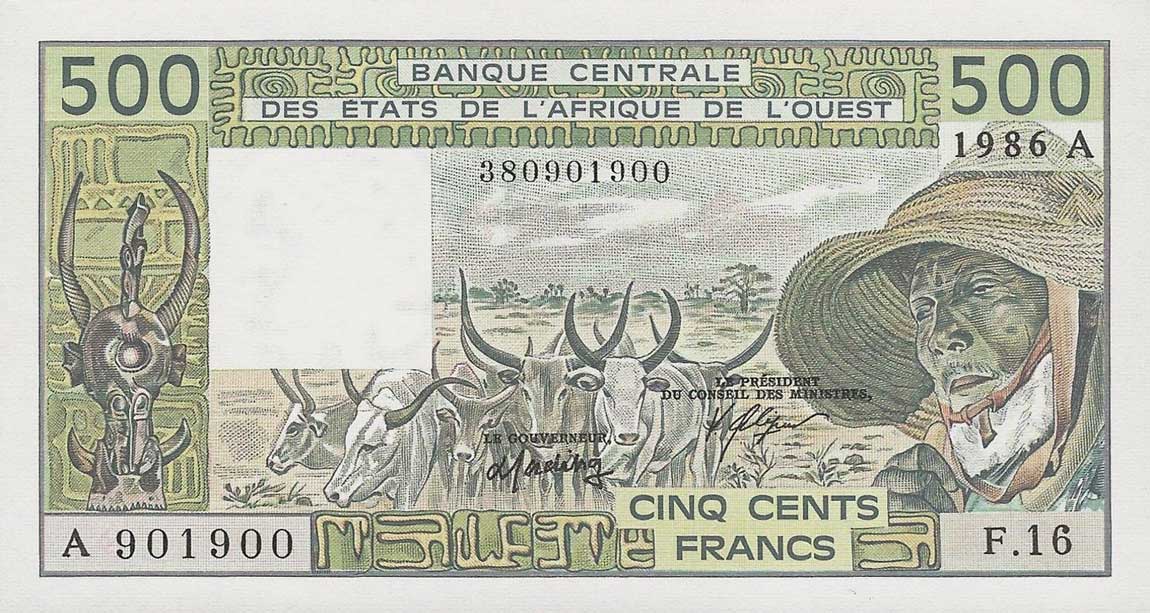 Front of West African States p106Aj: 500 Francs from 1986