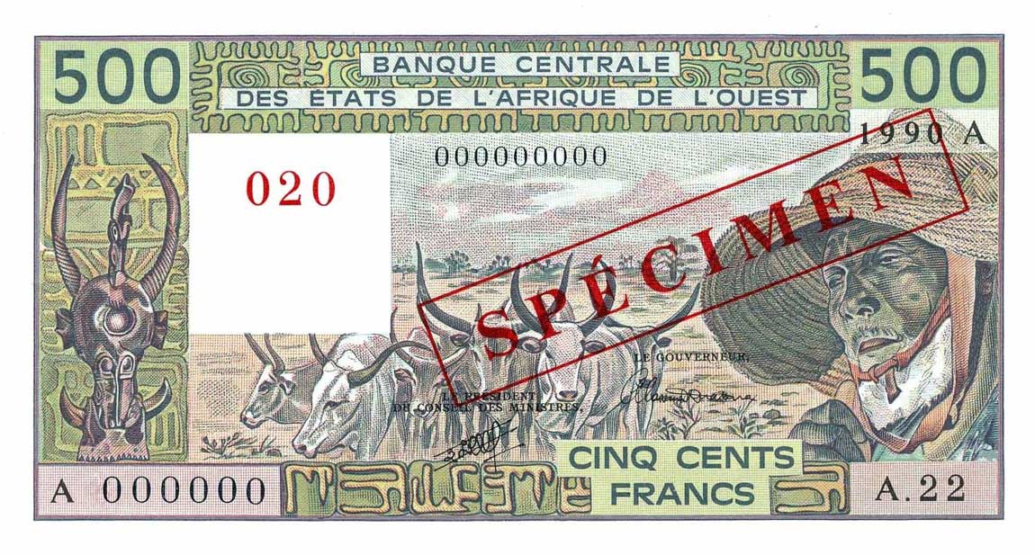 Front of West African States p106As: 500 Francs from 1988