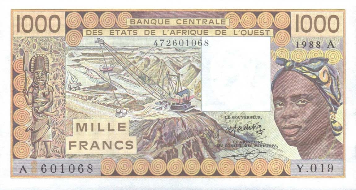 Front of West African States p107Aa: 1000 Francs from 1988