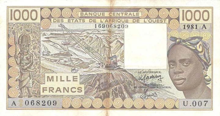 Front of West African States p107Ac: 1000 Francs from 1981