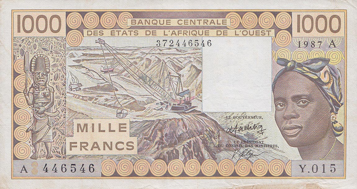 Front of West African States p107Ah: 1000 Francs from 1987