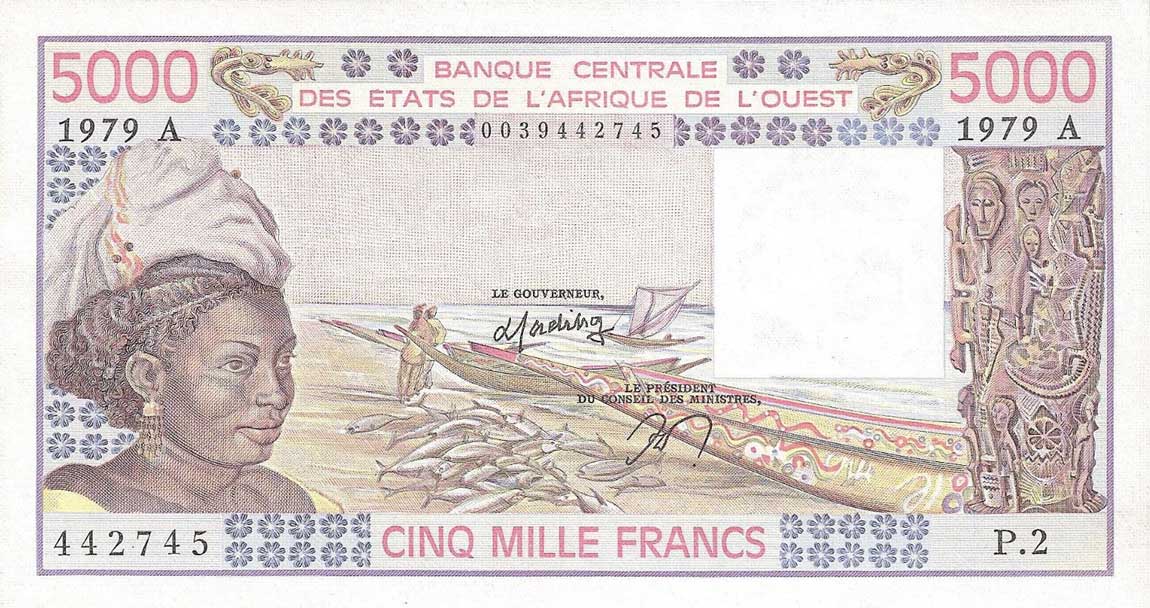 Front of West African States p108Ac: 5000 Francs from 1979