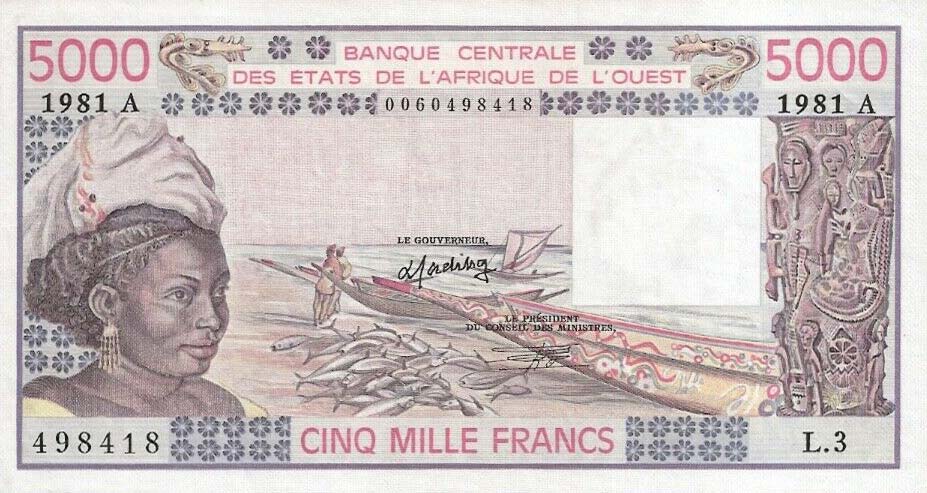 Front of West African States p108Ah: 5000 Francs from 1981