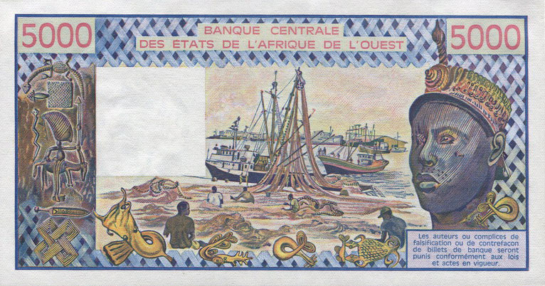 Back of West African States p108Al: 5000 Francs from 1984