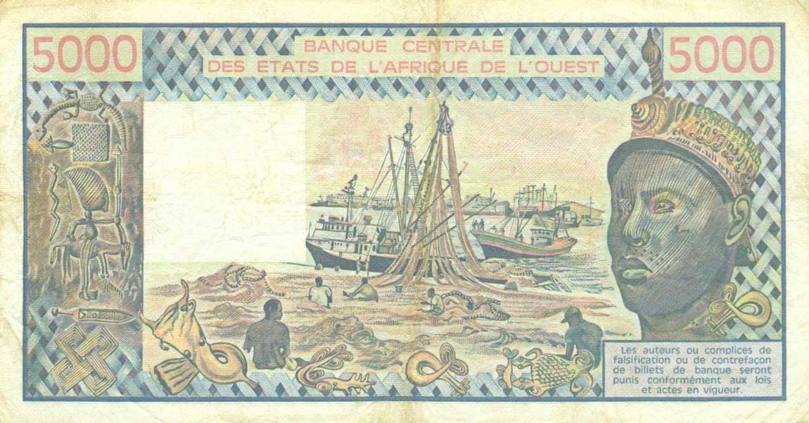 Back of West African States p108Ao: 5000 Francs from 1986