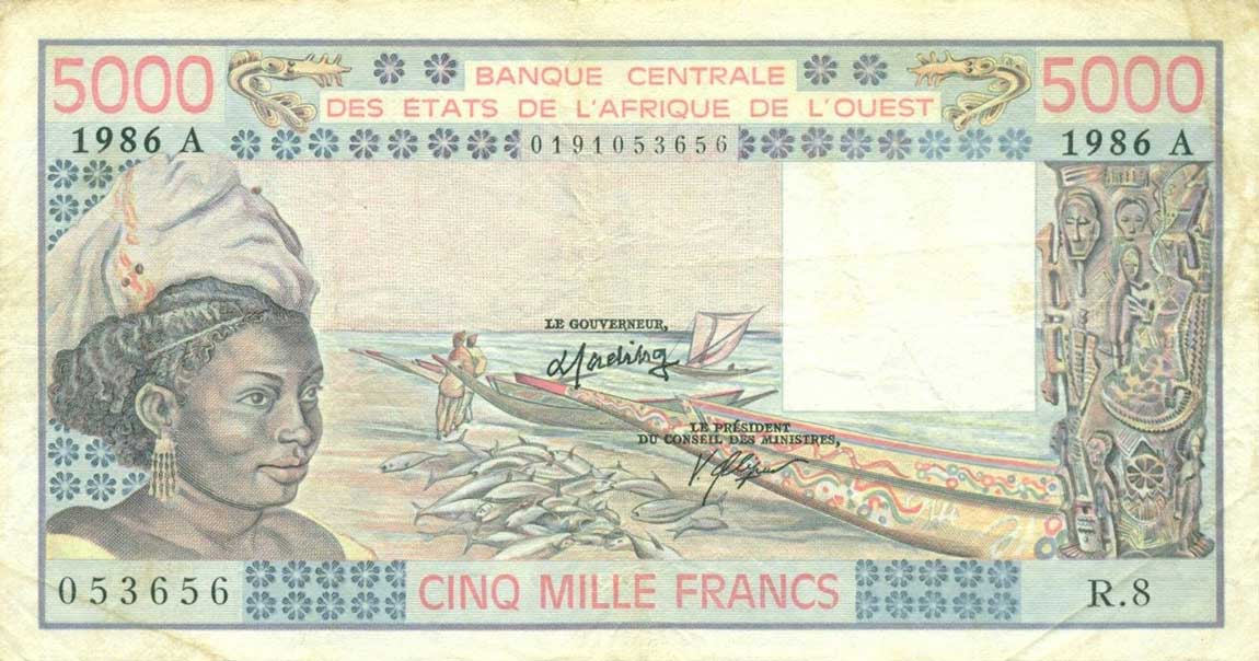 Front of West African States p108Ao: 5000 Francs from 1986