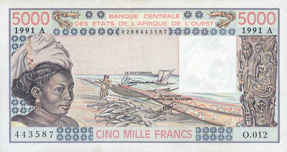 Front of West African States p108Ar: 5000 Francs from 1991