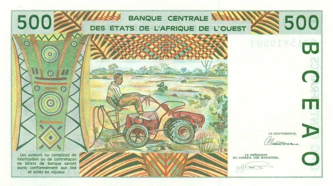 Back of West African States p110Ac: 500 Francs from 1993