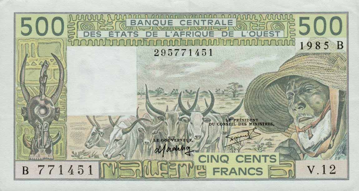 Front of West African States p206Bj: 500 Francs from 1986