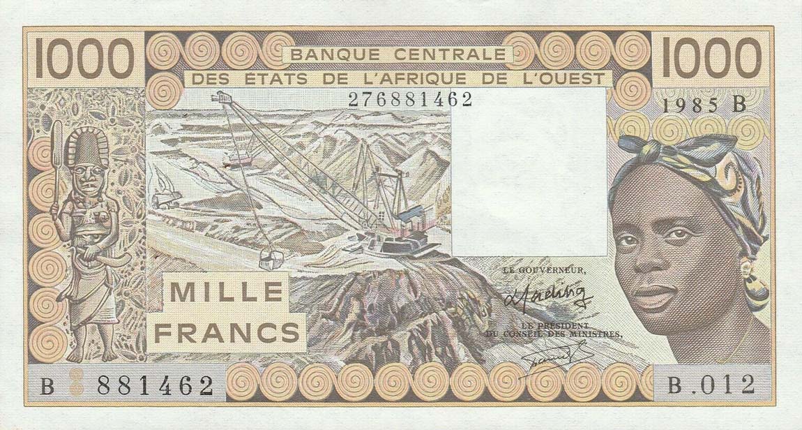 Front of West African States p207Be: 1000 Francs from 1985