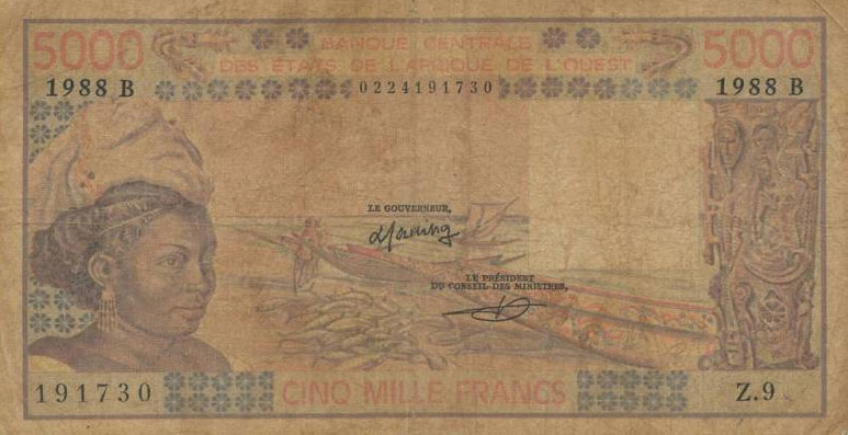 Front of West African States p208Bc: 5000 Francs from 1988